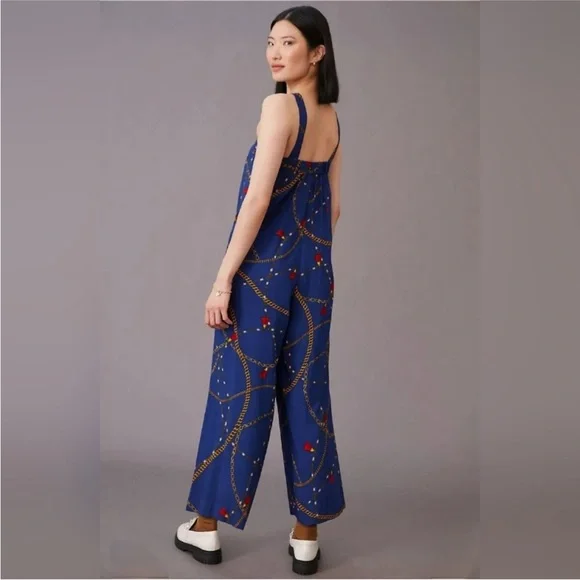 Anthropologie Corey Lynn Calter Blue Printed Wide Leg Jumpsuit Size Large - Picture 10 of 10